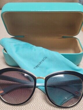 Tiffany & Co. Black and Gold Round-Frame Sunglasses with Tiffany Blue Case